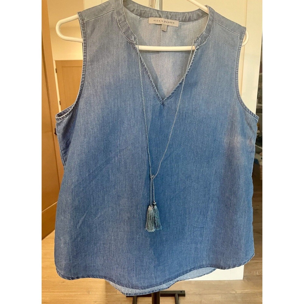 Alex & Parker Sleeveless Tassel Blouse‎ Top Denim Size Women’s Large